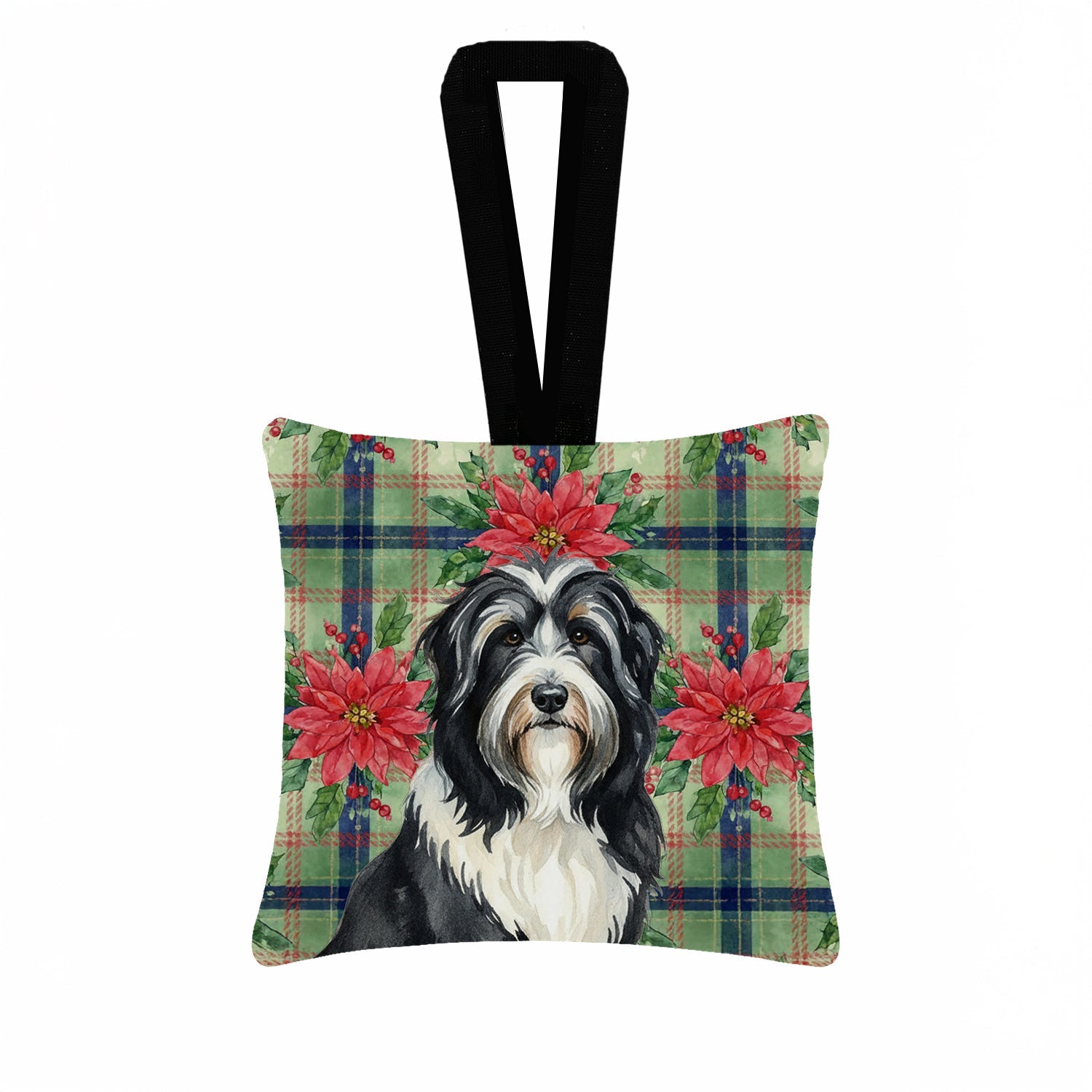 Black Bearded Collie Christmas PoinsettIas Hanging Square Fabric Ornament 3.5 � 3.5 Decorative Door-Knob & Tree Hanger, Soft Fabric