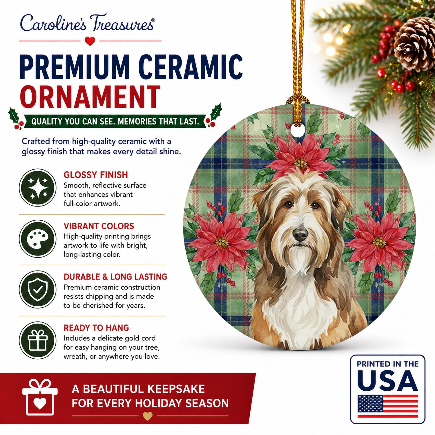 Brown Bearded Collie Christmas PoinsettIas Ceramic Ornament Christmas Tree Hanging Decorations for Home Christmas Holiday, Party, Gift, 3 in, Multicolor