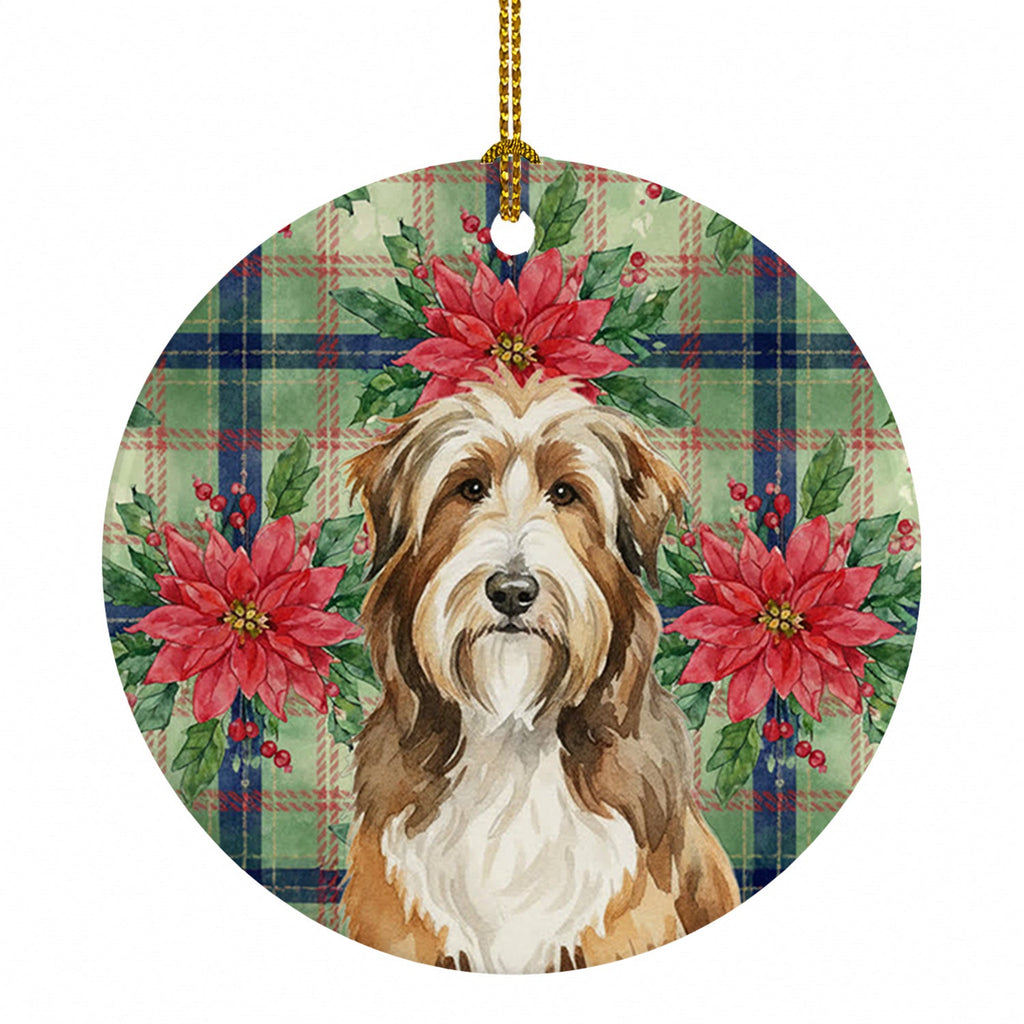 Brown Bearded Collie Christmas PoinsettIas Ceramic Ornament Christmas Tree Hanging Decorations for Home Christmas Holiday, Party, Gift, 3 in, Multicolor