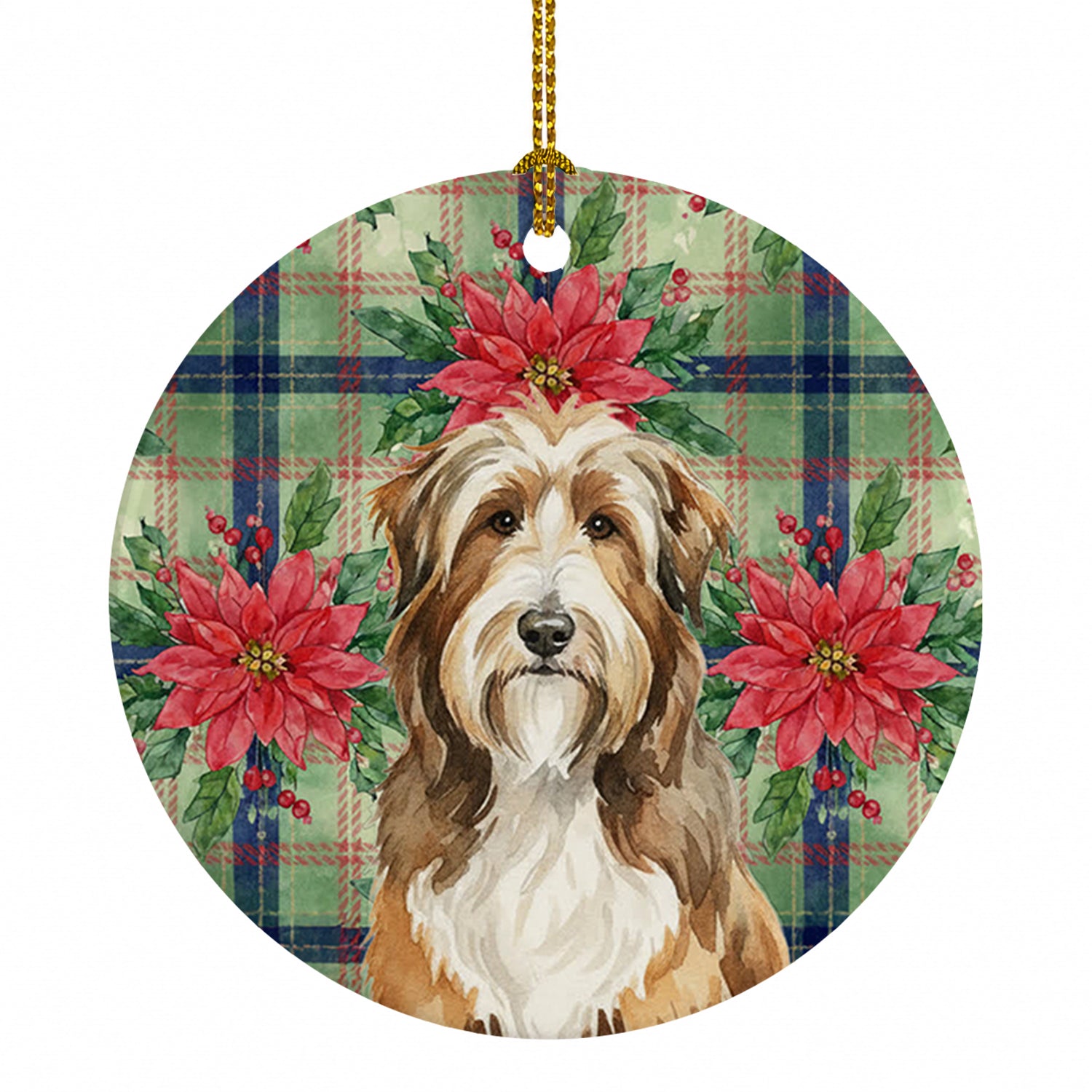 Brown Bearded Collie Christmas PoinsettIas Ceramic Ornament Christmas Tree Hanging Decorations for Home Christmas Holiday, Party, Gift, 3 in, Multicolor