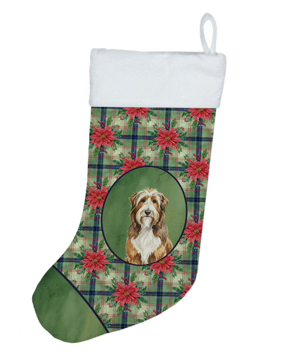 Brown Bearded Collie Christmas PoinsettIas Holiday Stocking Double-Sided Print, Polyester Suede,11x18, Made in USA