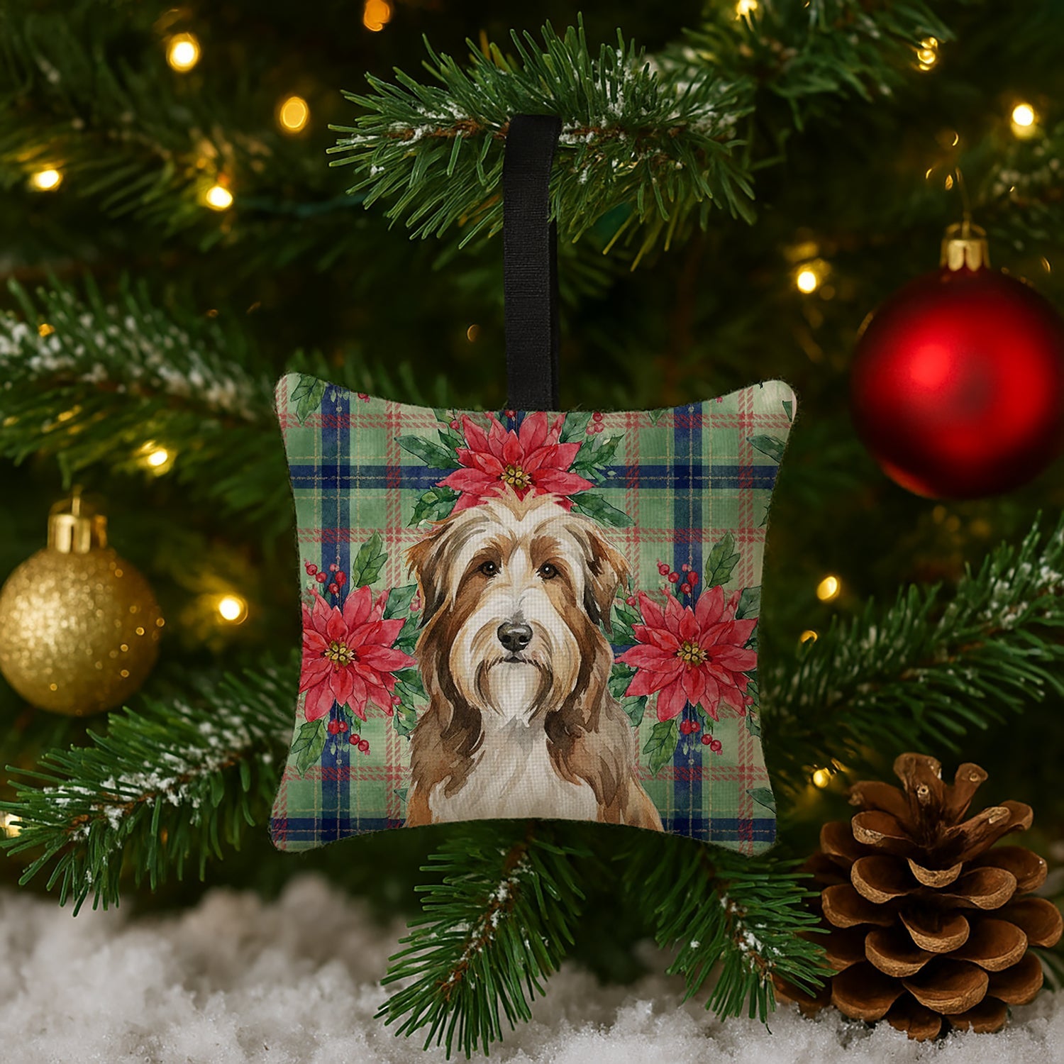 Brown Bearded Collie Christmas PoinsettIas Hanging Square Fabric Ornament 3.5 � 3.5 Decorative Door-Knob & Tree Hanger, Soft Fabric