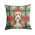 Brown Bearded Collie Christmas PoinsettIas Decorative Throw Pillow 14x14 Indoor Outdoor Accent Cushion, Fabric Cover with Insert for Sofa, Bed, Porch & Living Room