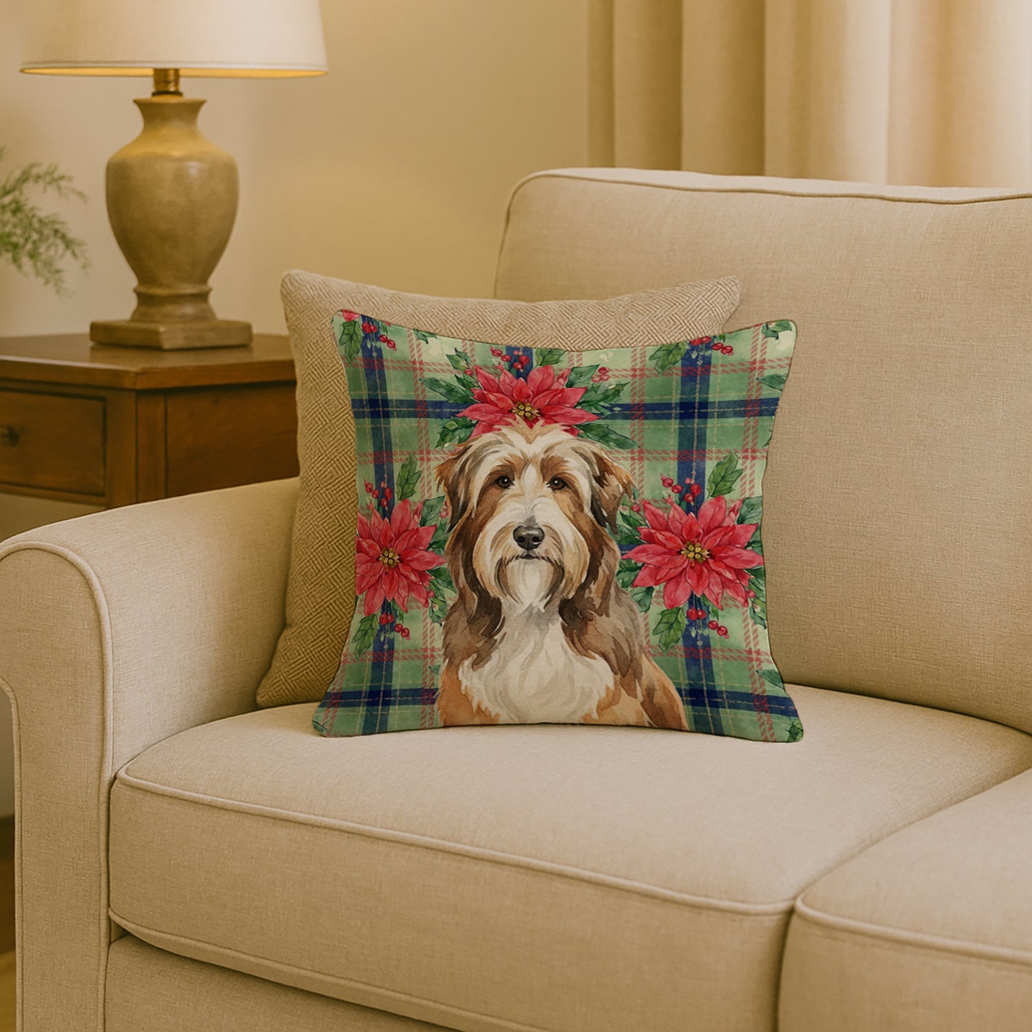 Brown Bearded Collie Christmas PoinsettIas Decorative Throw Pillow 18x18 Indoor Outdoor Accent Cushion, Fabric Cover with Insert for Sofa, Bed, Porch & Living Room