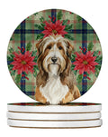 Brown Bearded Collie Christmas PoinsettIas Large Sandstone Coasters Pack of 4 Absorbent Round Coasters Decor Gifts for Men or Women, 4 in, Multicolor
