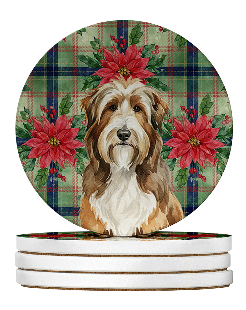Brown Bearded Collie Christmas PoinsettIas Large Sandstone Coasters Pack of 4 Absorbent Round Coasters Decor Gifts for Men or Women, 4 in, Multicolor