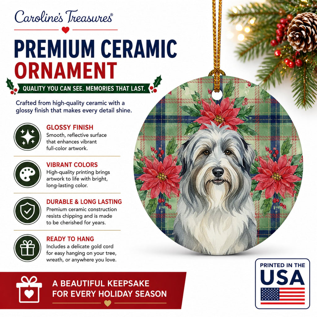 Bearded Collie Christmas PoinsettIas Ceramic Ornament Christmas Tree Hanging Decorations for Home Christmas Holiday, Party, Gift, 3 in, Multicolor