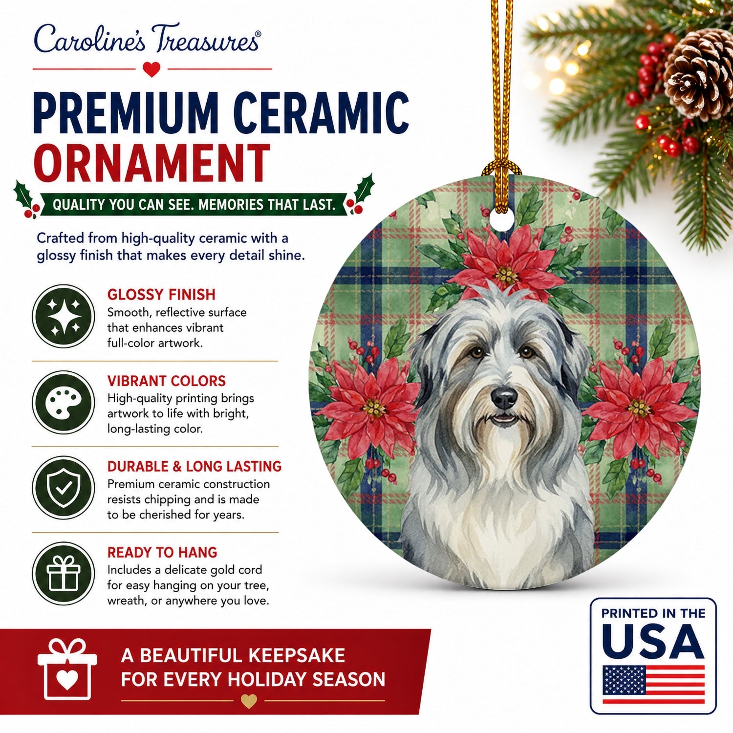 Bearded Collie Christmas PoinsettIas Ceramic Ornament Christmas Tree Hanging Decorations for Home Christmas Holiday, Party, Gift, 3 in, Multicolor