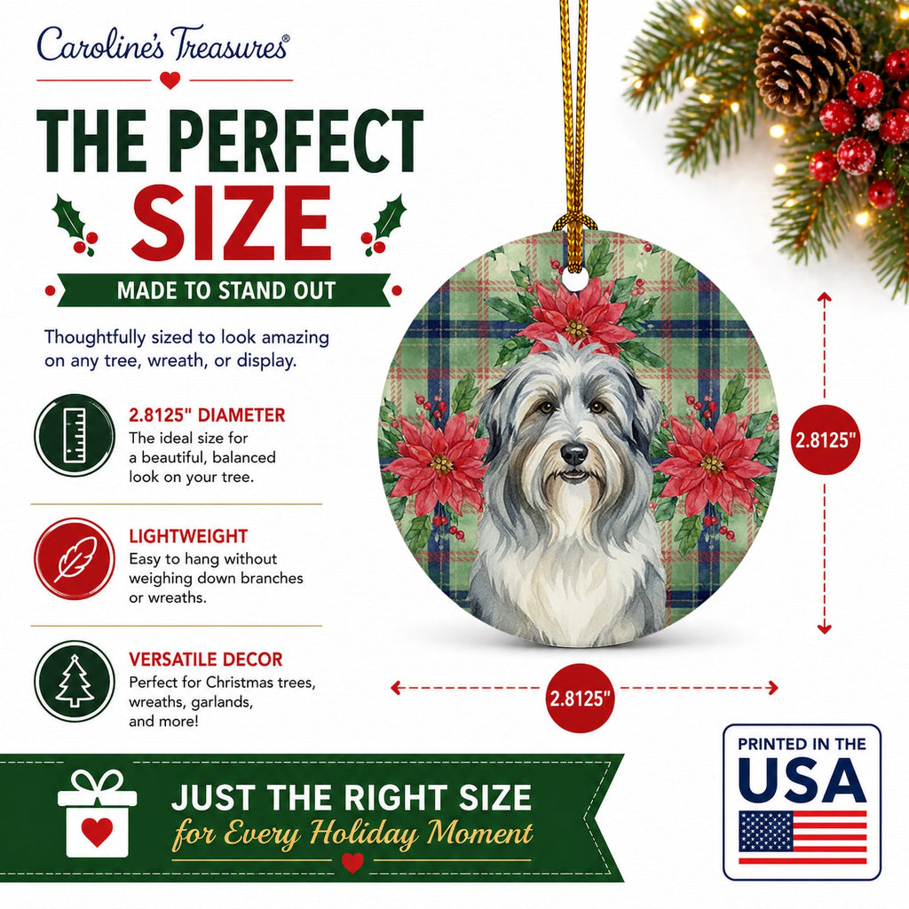 Bearded Collie Christmas PoinsettIas Ceramic Ornament Christmas Tree Hanging Decorations for Home Christmas Holiday, Party, Gift, 3 in, Multicolor