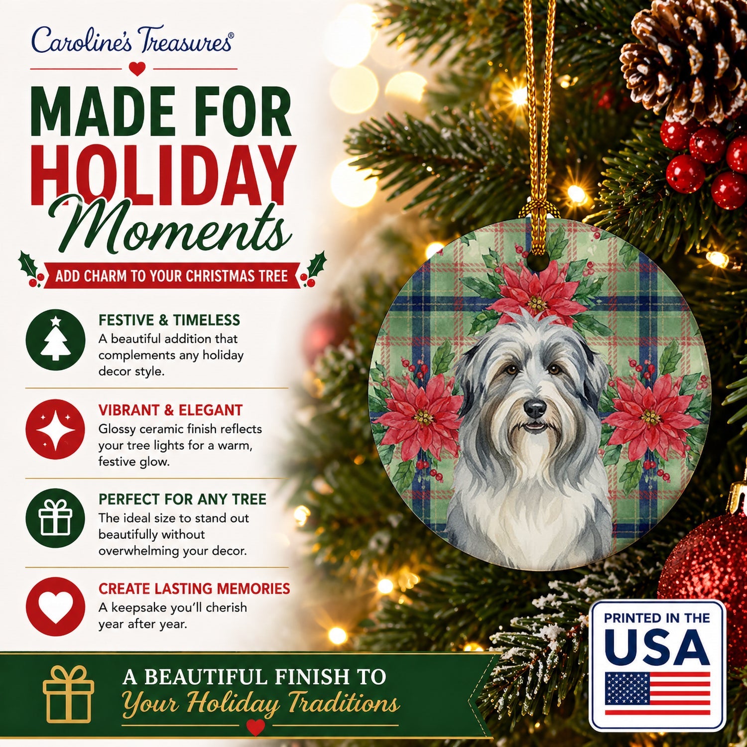 Bearded Collie Christmas PoinsettIas Ceramic Ornament Christmas Tree Hanging Decorations for Home Christmas Holiday, Party, Gift, 3 in, Multicolor