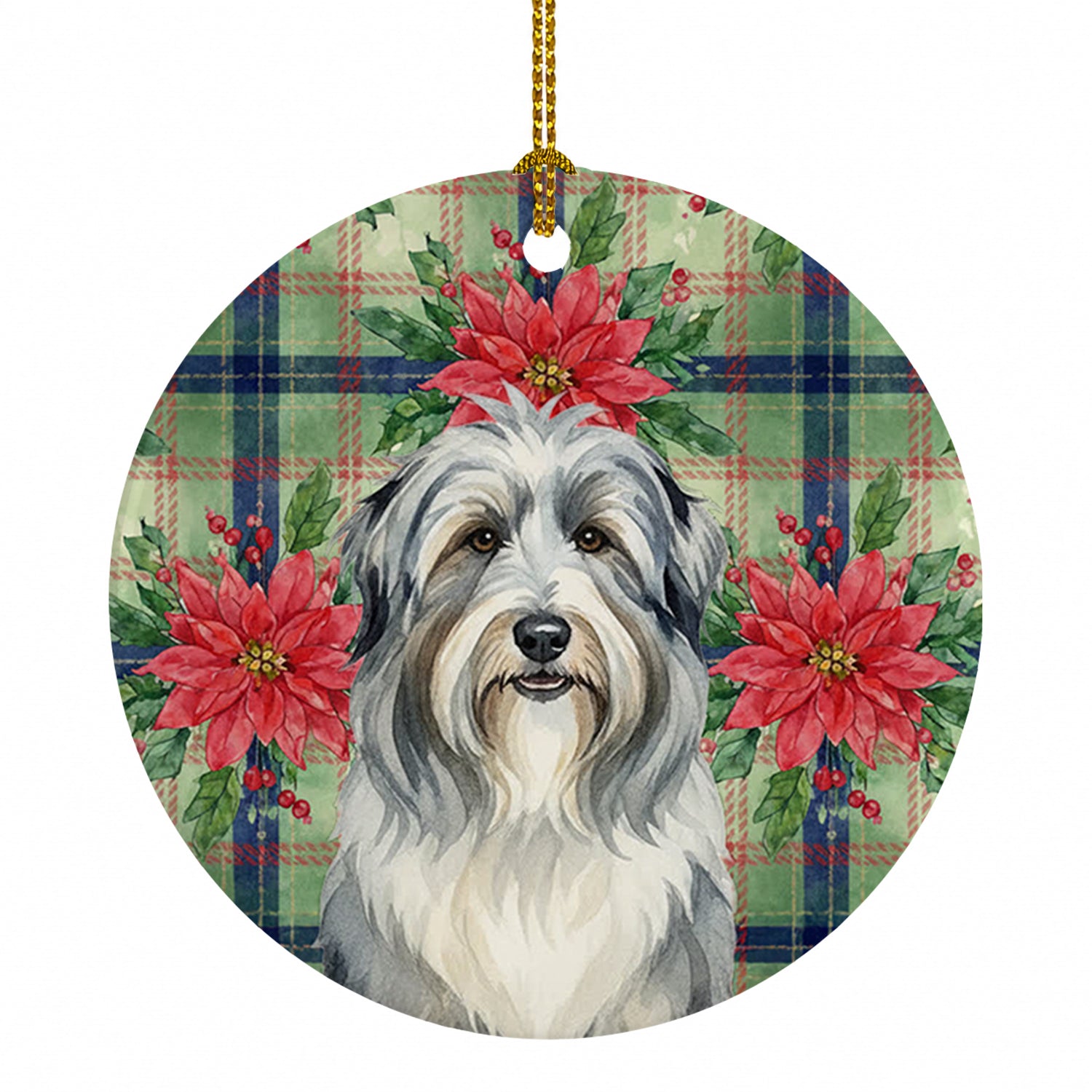 Bearded Collie Christmas PoinsettIas Ceramic Ornament Christmas Tree Hanging Decorations for Home Christmas Holiday, Party, Gift, 3 in, Multicolor