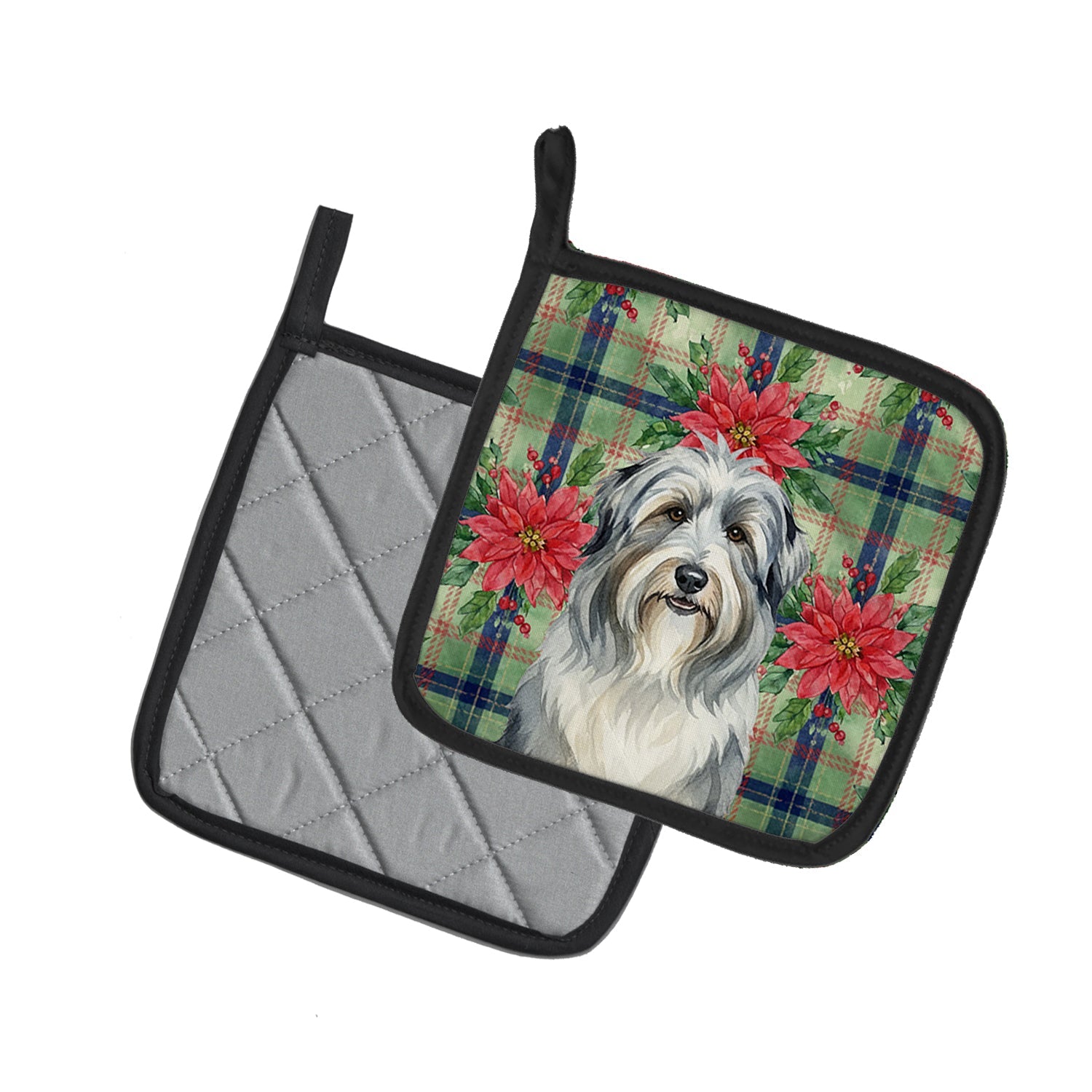 Bearded Collie Christmas PoinsettIas Pot Holder Set of 2 Heat Resistant Quilted Hot Pads 7.5 x 7.5 Inch, Insulated Kitchen Trivets for Cooking & Baking