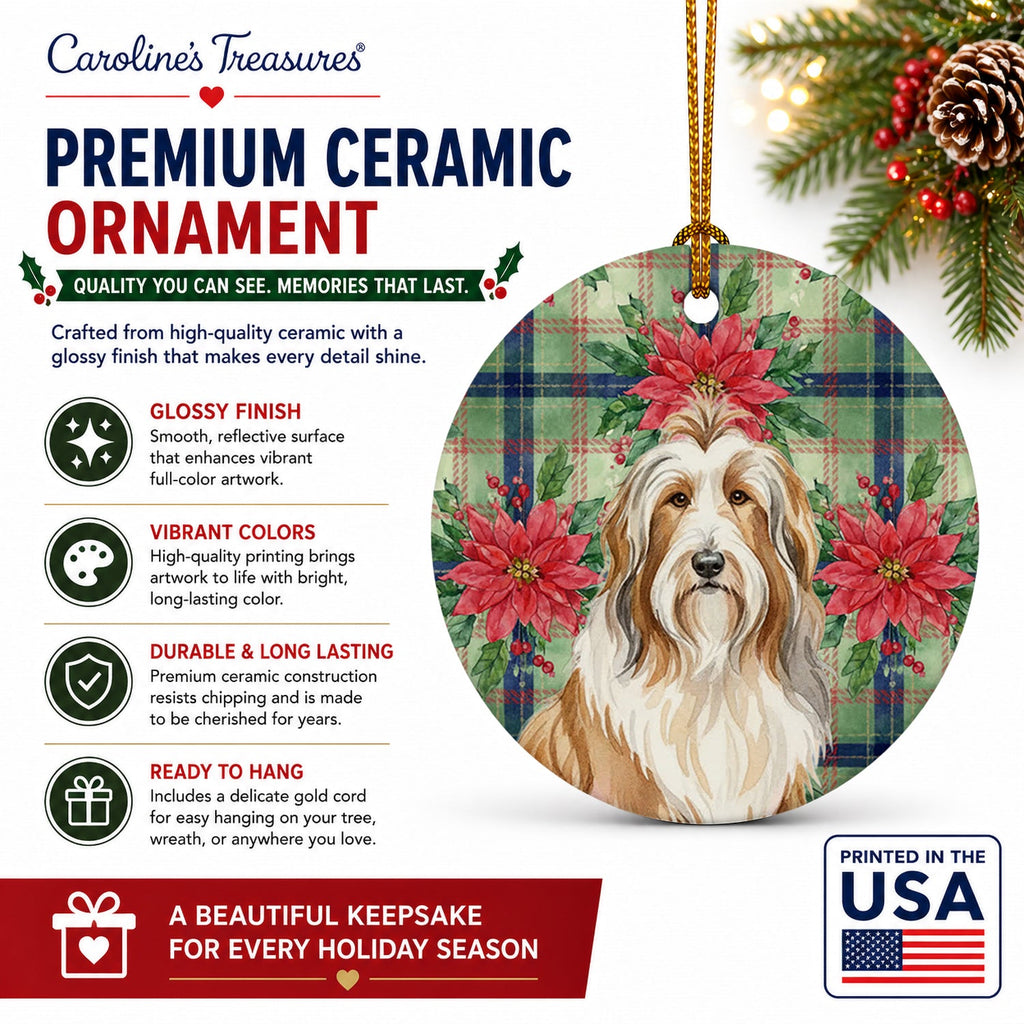 Fawn Bearded Collie Christmas PoinsettIas Ceramic Ornament Christmas Tree Hanging Decorations for Home Christmas Holiday, Party, Gift, 3 in, Multicolor