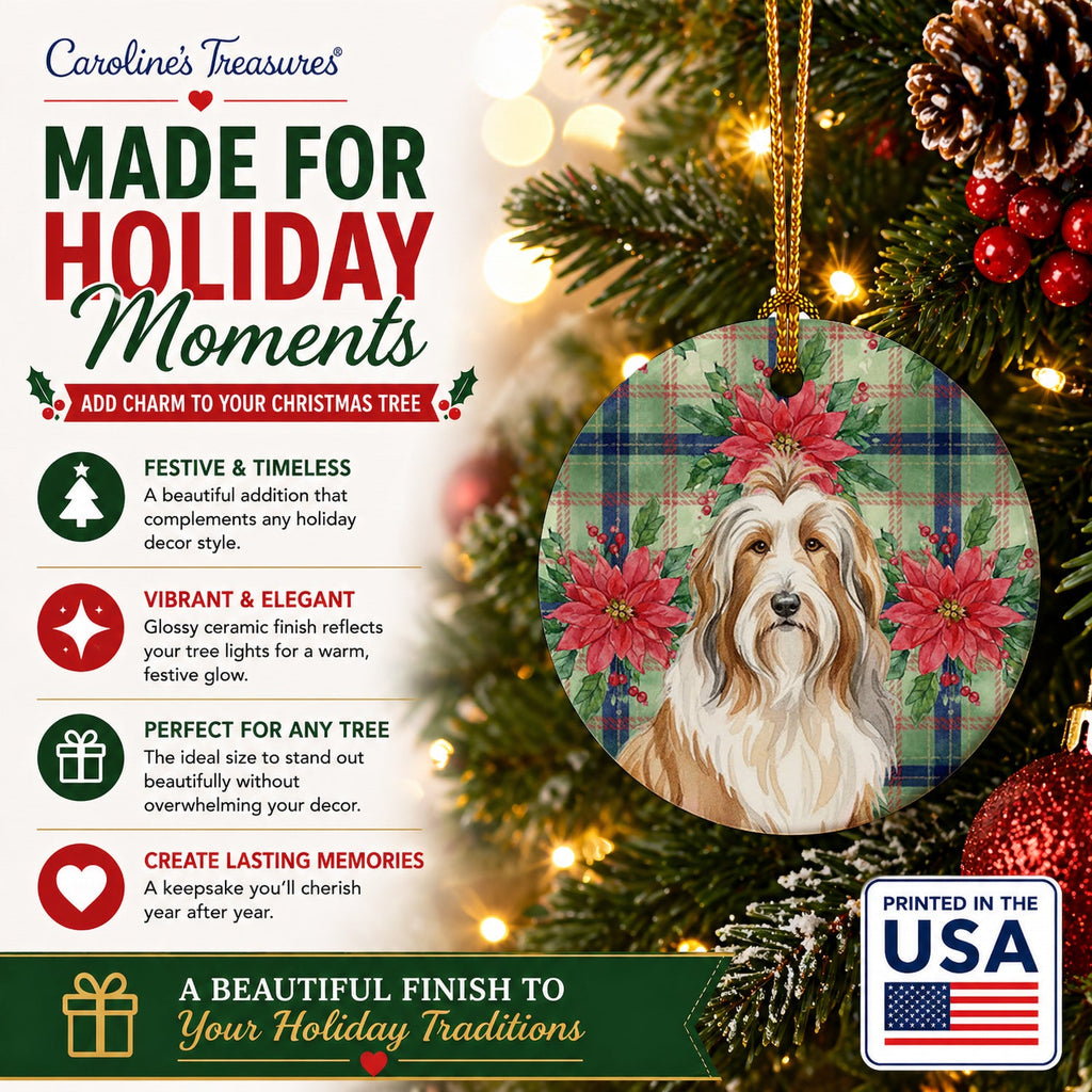Fawn Bearded Collie Christmas PoinsettIas Ceramic Ornament Christmas Tree Hanging Decorations for Home Christmas Holiday, Party, Gift, 3 in, Multicolor