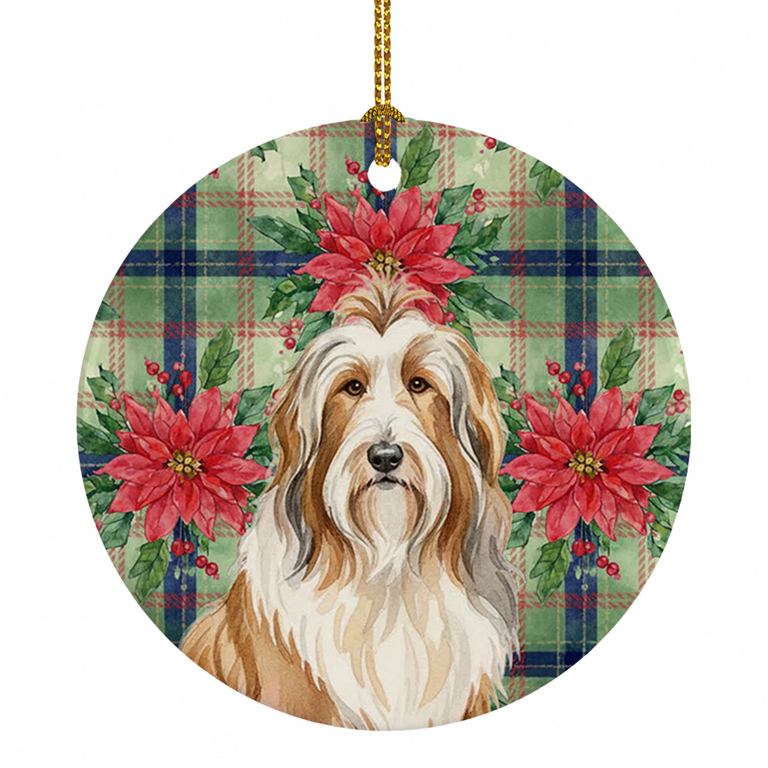 Fawn Bearded Collie Christmas PoinsettIas Ceramic Ornament Christmas Tree Hanging Decorations for Home Christmas Holiday, Party, Gift, 3 in, Multicolor