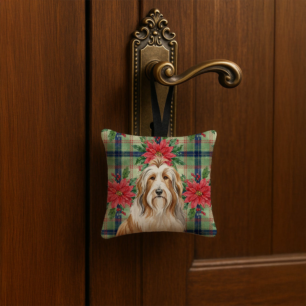 Fawn Bearded Collie Christmas PoinsettIas Hanging Square Fabric Ornament 3.5 � 3.5 Decorative Door-Knob & Tree Hanger, Soft Fabric