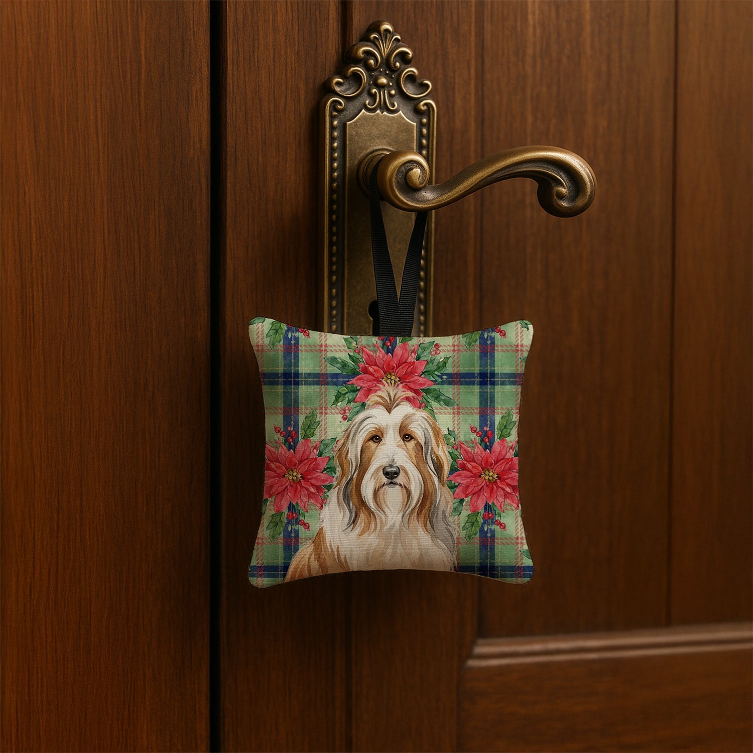 Fawn Bearded Collie Christmas PoinsettIas Hanging Square Fabric Ornament 3.5 � 3.5 Decorative Door-Knob & Tree Hanger, Soft Fabric