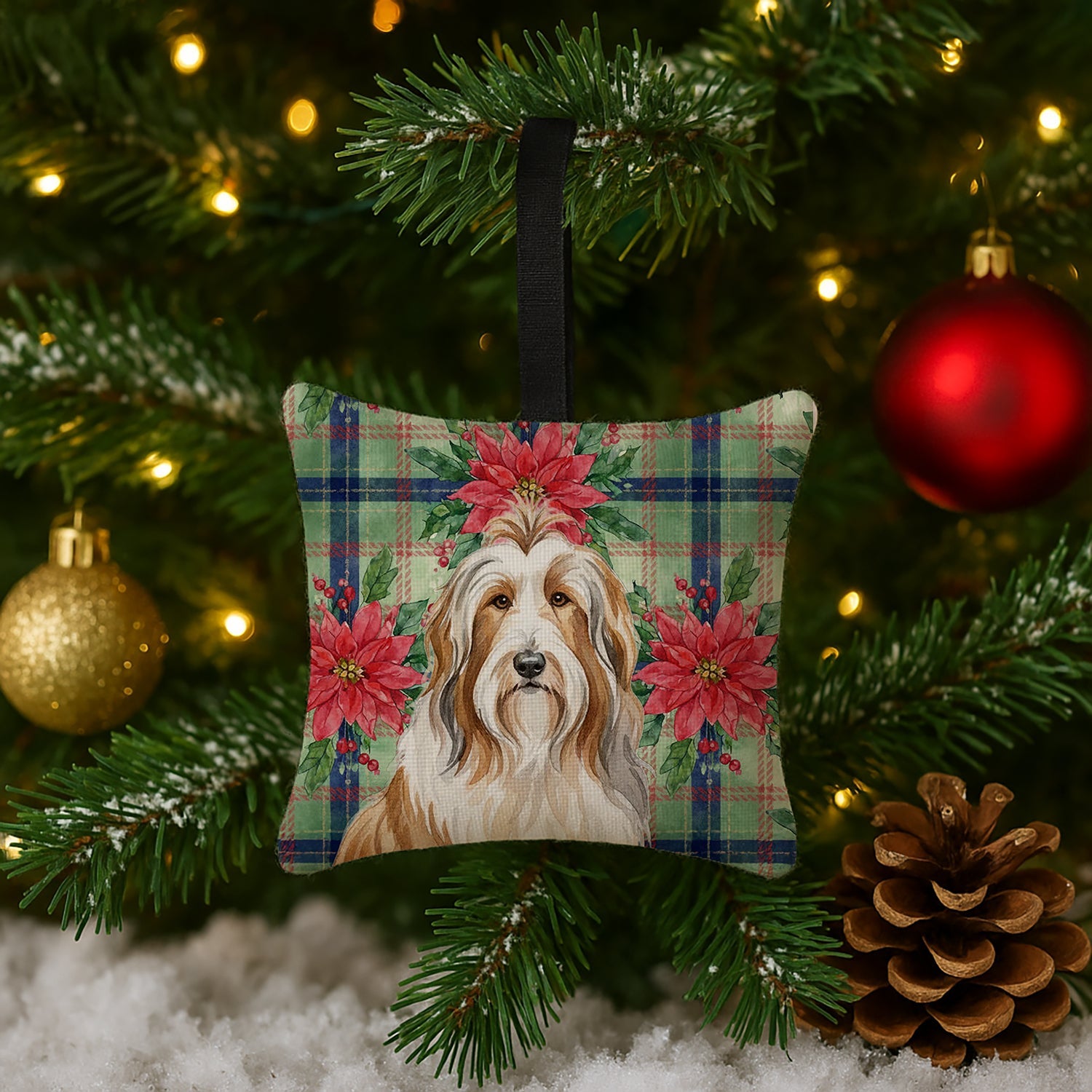 Fawn Bearded Collie Christmas PoinsettIas Hanging Square Fabric Ornament 3.5 � 3.5 Decorative Door-Knob & Tree Hanger, Soft Fabric