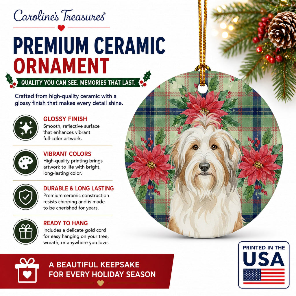 White and Tan Bearded Collie Christmas PoinsettIas Ceramic Ornament Christmas Tree Hanging Decorations for Home Christmas Holiday, Party, Gift, 3 in, Multicolor