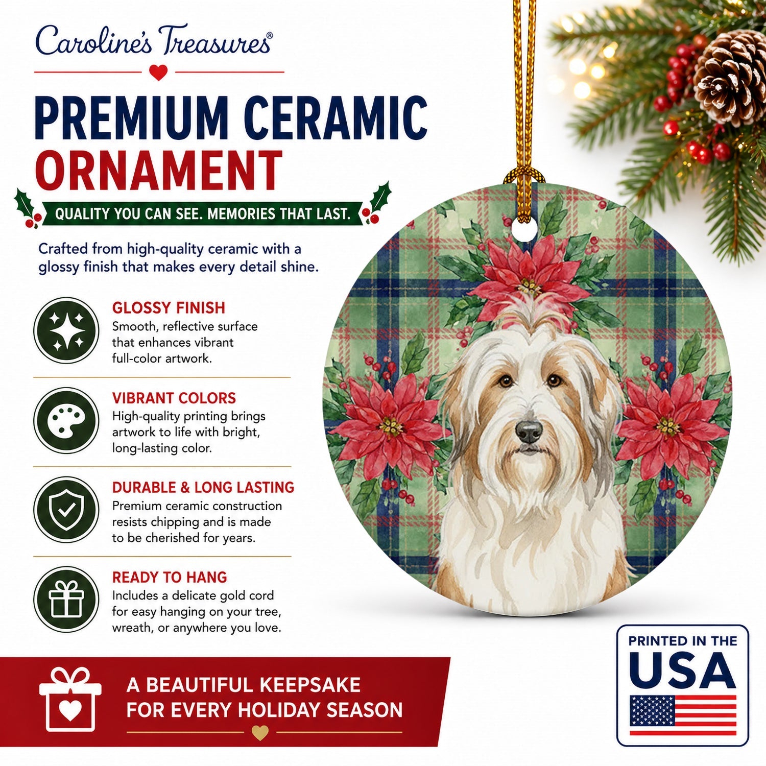 White and Tan Bearded Collie Christmas PoinsettIas Ceramic Ornament Christmas Tree Hanging Decorations for Home Christmas Holiday, Party, Gift, 3 in, Multicolor