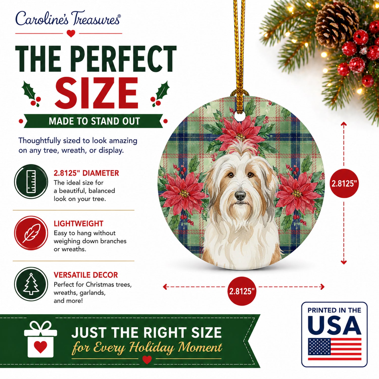 White and Tan Bearded Collie Christmas PoinsettIas Ceramic Ornament Christmas Tree Hanging Decorations for Home Christmas Holiday, Party, Gift, 3 in, Multicolor