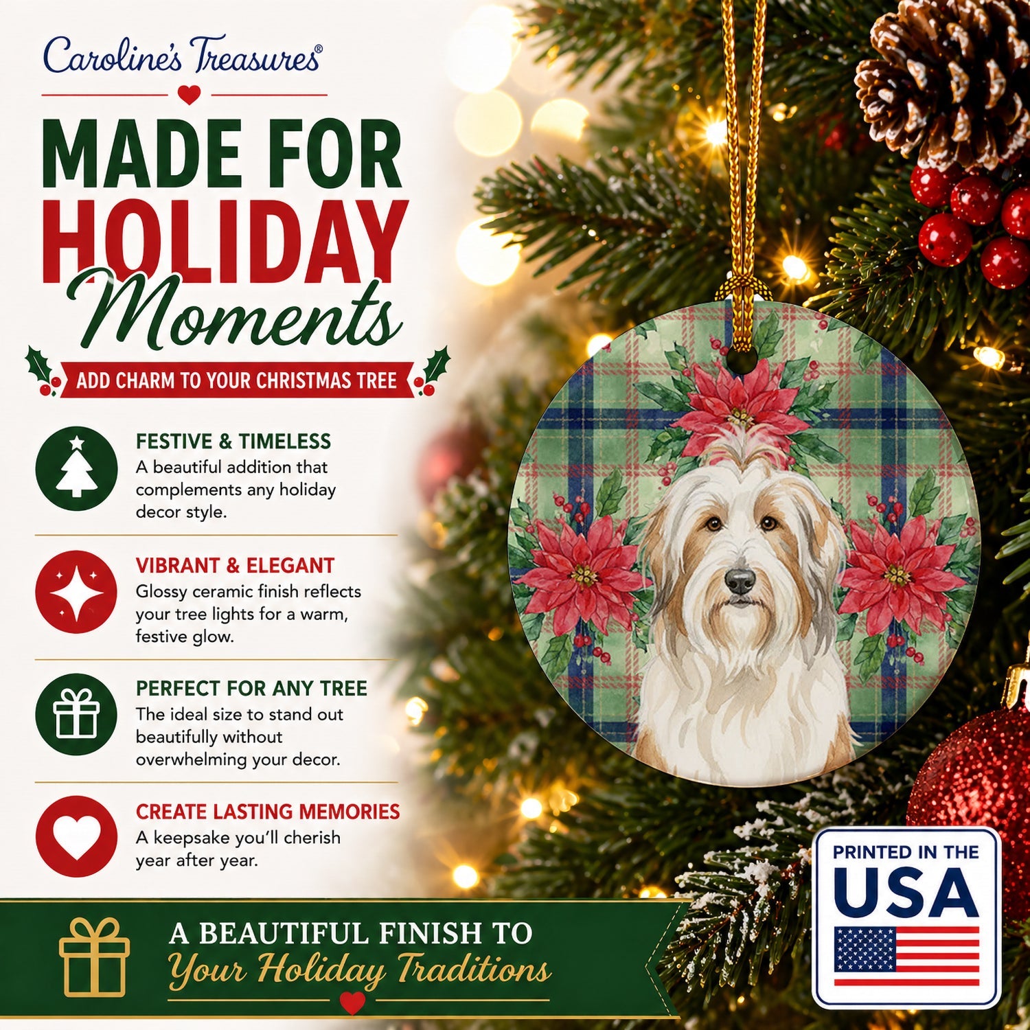 White and Tan Bearded Collie Christmas PoinsettIas Ceramic Ornament Christmas Tree Hanging Decorations for Home Christmas Holiday, Party, Gift, 3 in, Multicolor