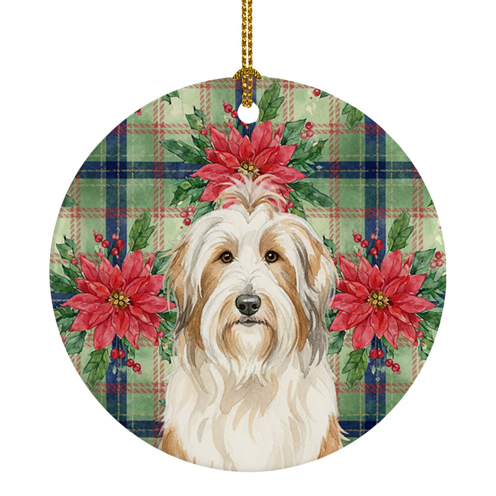 White and Tan Bearded Collie Christmas PoinsettIas Ceramic Ornament Christmas Tree Hanging Decorations for Home Christmas Holiday, Party, Gift, 3 in, Multicolor