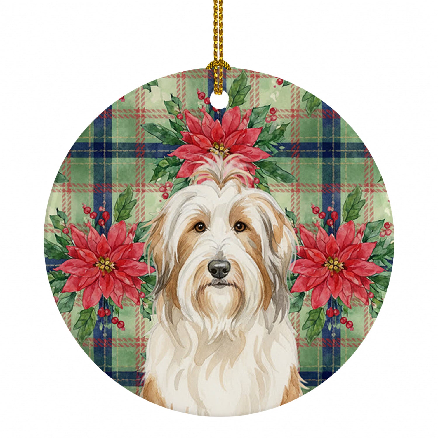 White and Tan Bearded Collie Christmas PoinsettIas Ceramic Ornament Christmas Tree Hanging Decorations for Home Christmas Holiday, Party, Gift, 3 in, Multicolor