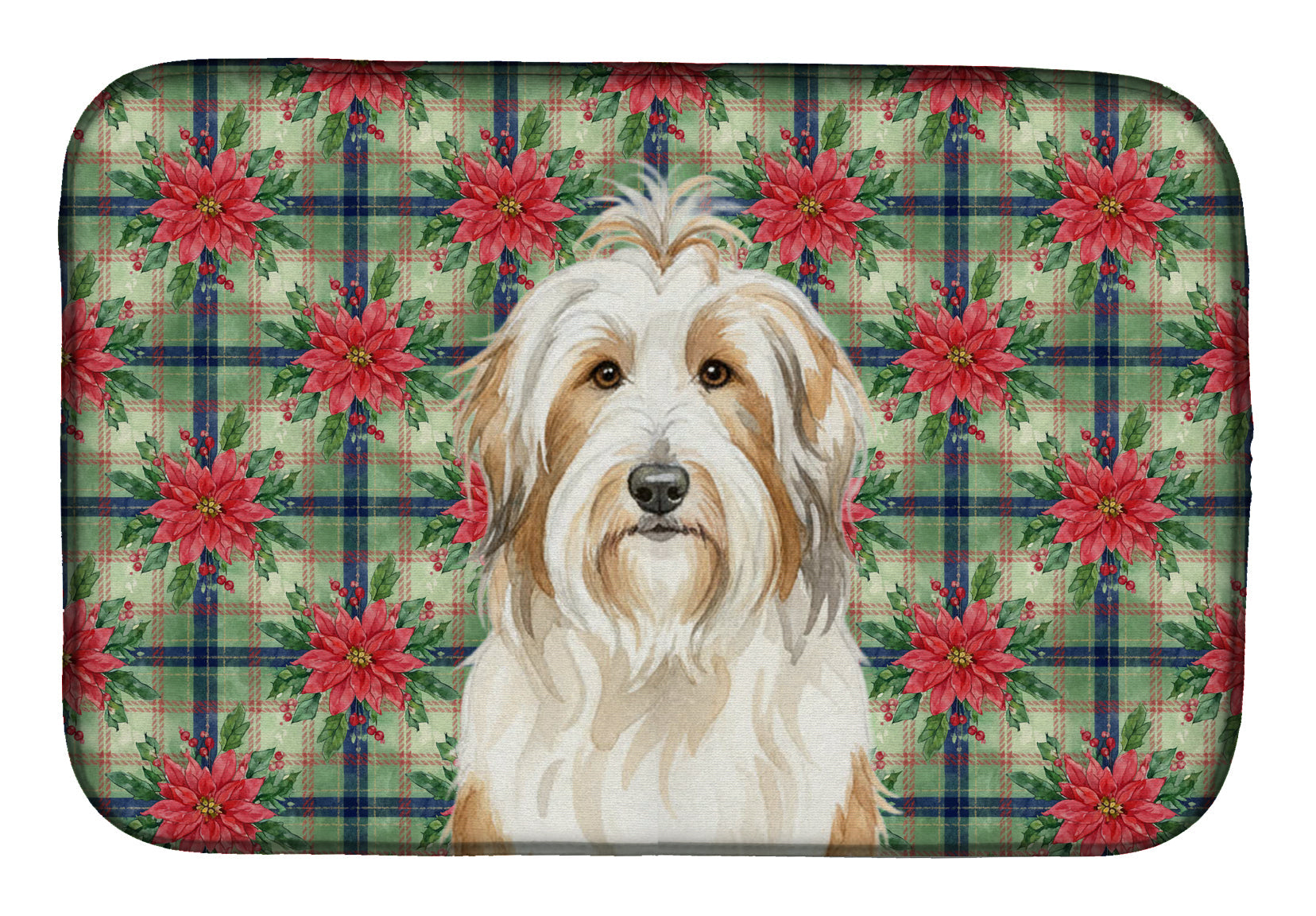White and Tan Bearded Collie Christmas PoinsettIas Dish Drying Mat Absorbent Dish Drying Mat Pad for Kitchen Counter Dish Drainer Mat for Countertop, 14 x 21", Multicolor