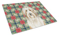 White and Tan Bearded Collie Christmas PoinsettIas Cutting Board Tempered Glass Kitchen Cutting Surface, Heat Resistant Chopping, Non-Slip Feet, Food Prep & Serving