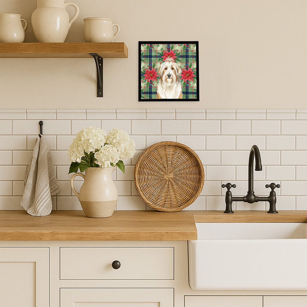 White and Tan Bearded Collie Christmas PoinsettIas Framed Metal Print Bathroom, Kitchen, Office, Home Decor Wall Art Ready to Hang, Square, 8X8