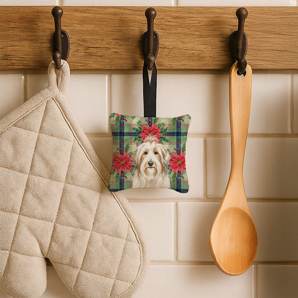 White and Tan Bearded Collie Christmas PoinsettIas Hanging Square Fabric Ornament 3.5 � 3.5 Decorative Door-Knob & Tree Hanger, Soft Fabric