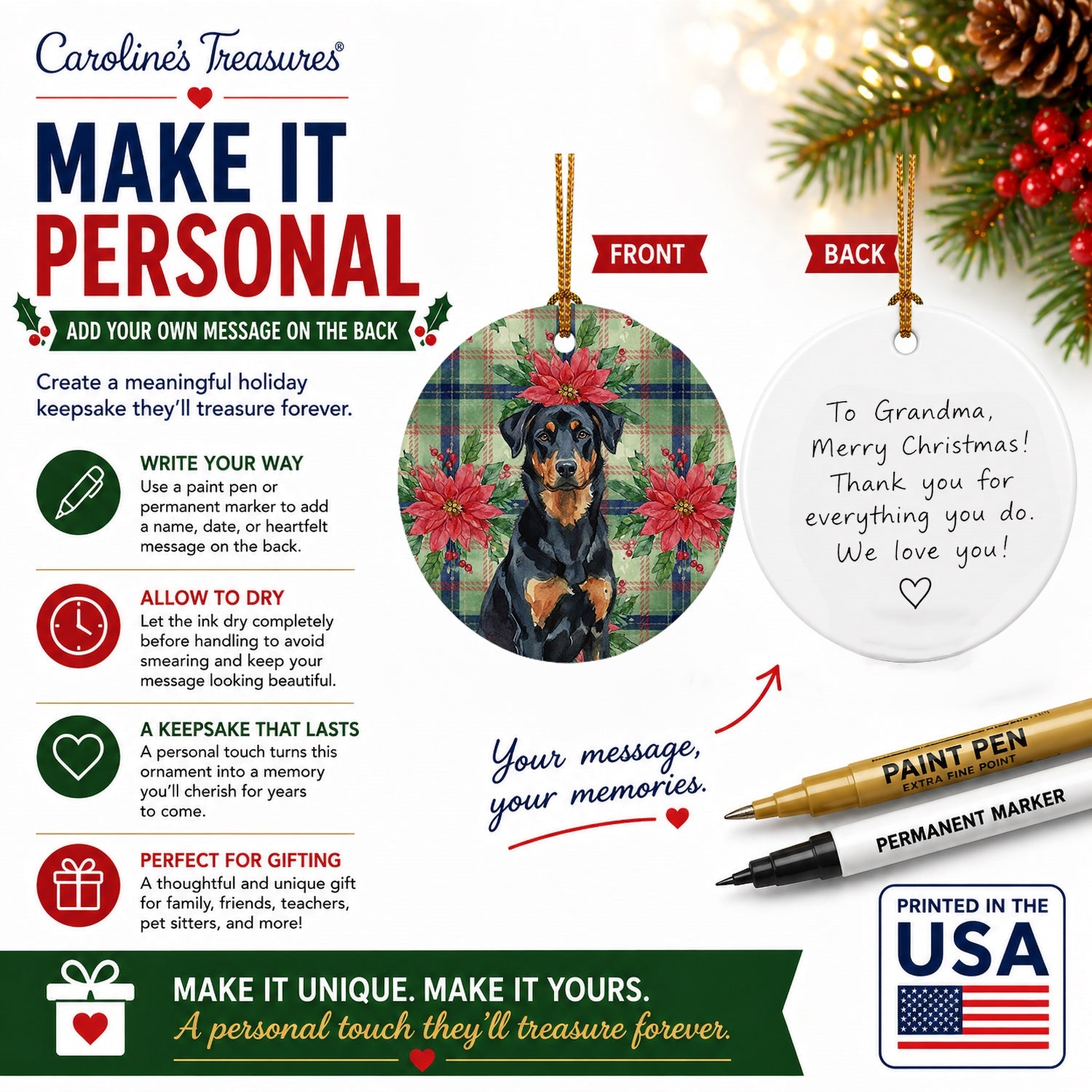 Beauceron Christmas PoinsettIas Ceramic Ornament Christmas Tree Hanging Decorations for Home Christmas Holiday, Party, Gift, 3 in, Multicolor