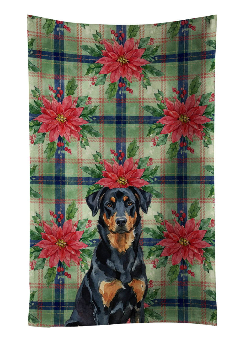 Beauceron Christmas PoinsettIas Kitchen Towel Velour Plush Front and Cotton Loop Back Machine Washable