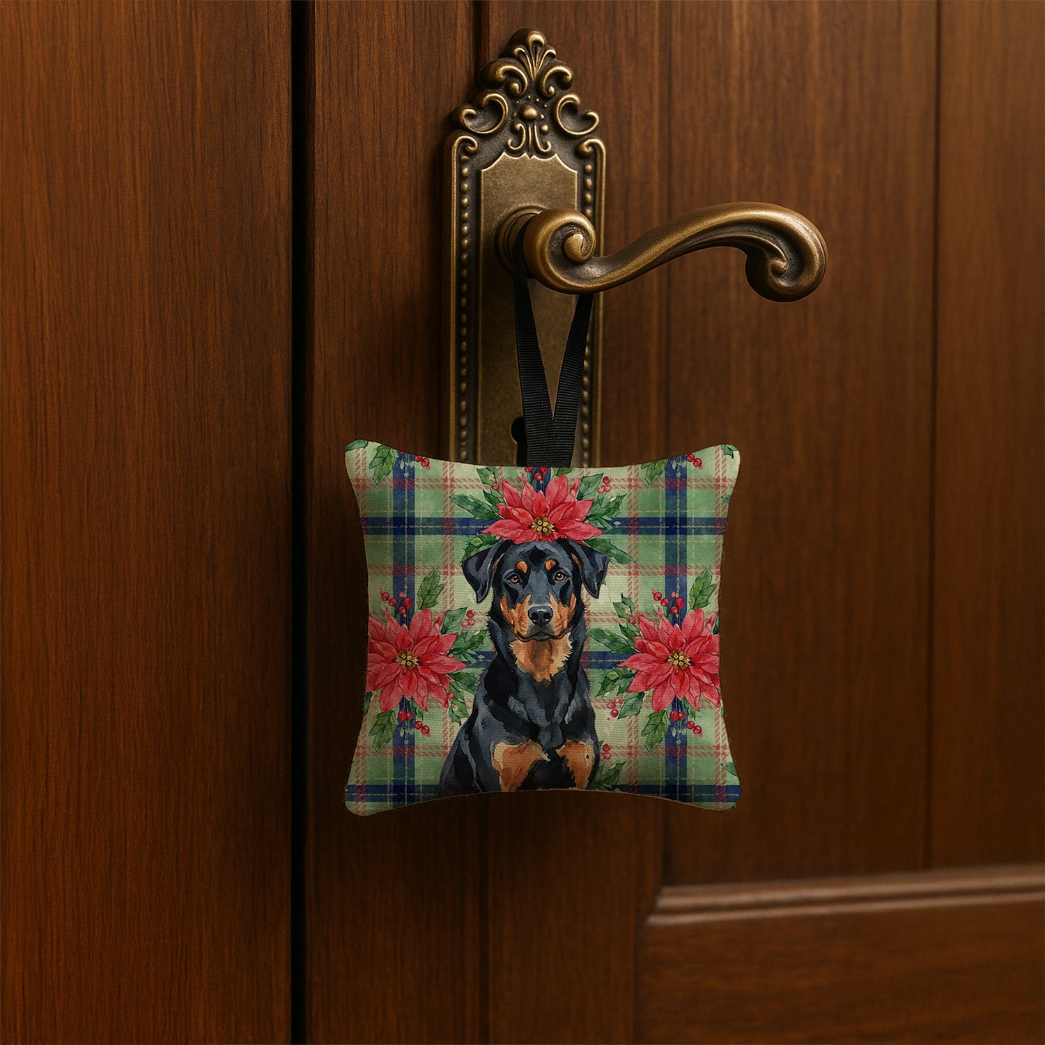 Beauceron Christmas PoinsettIas Hanging Square Fabric Ornament 3.5 � 3.5 Decorative Door-Knob & Tree Hanger, Soft Fabric
