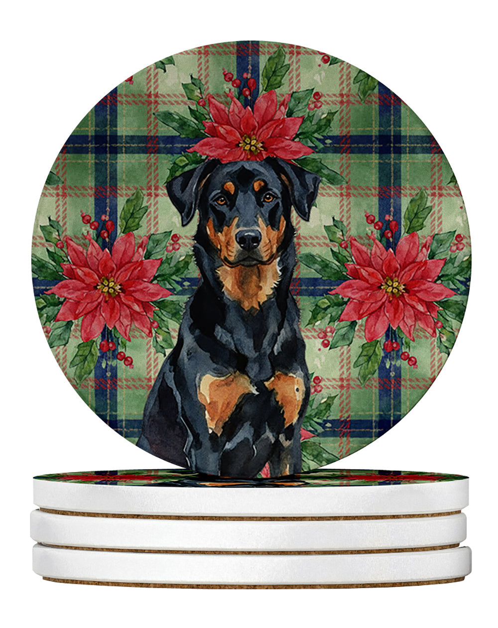 Beauceron Christmas PoinsettIas Large Sandstone Coasters Pack of 4 Absorbent Round Coasters Decor Gifts for Men or Women, 4 in, Multicolor
