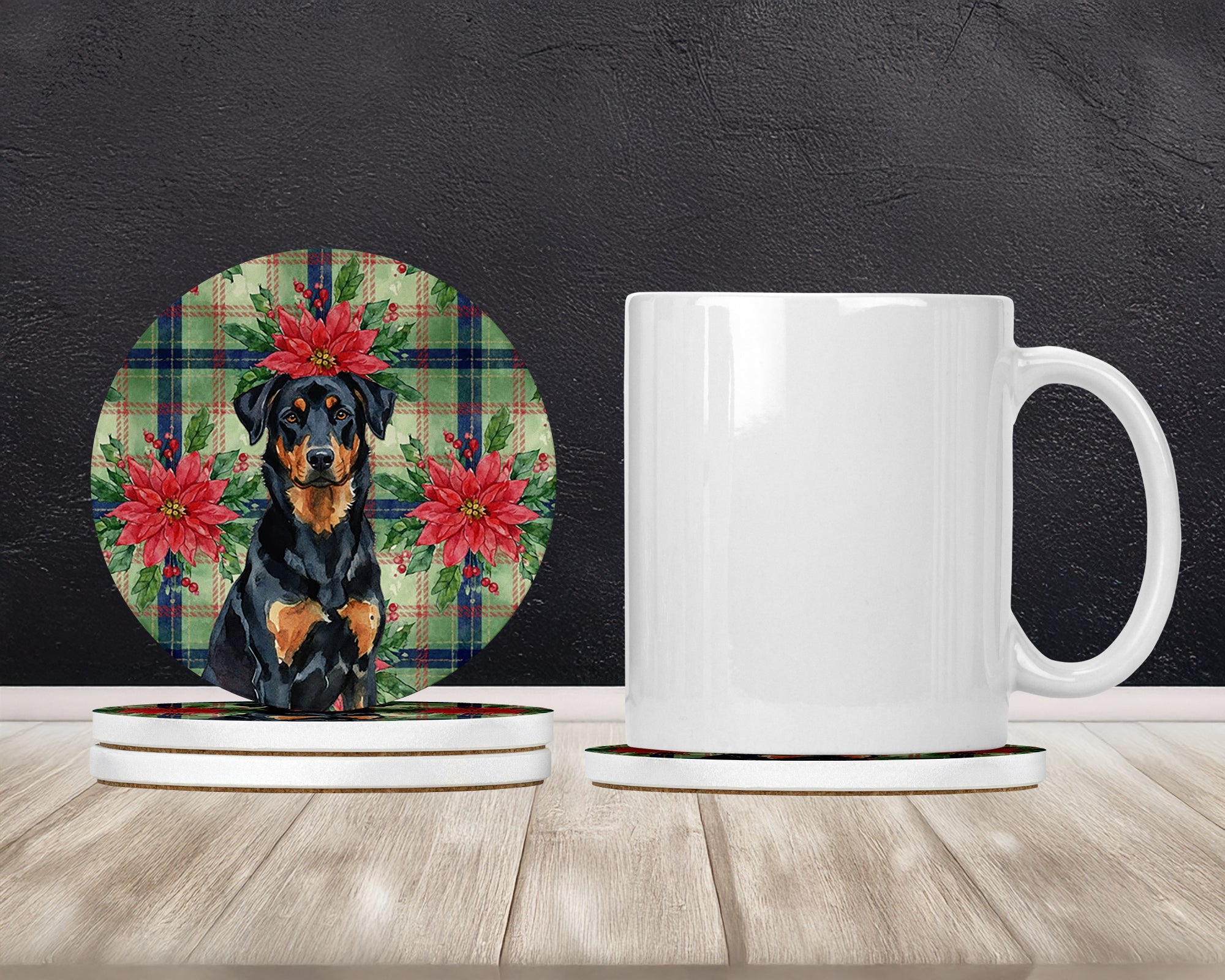 Beauceron Christmas PoinsettIas Large Sandstone Coasters Pack of 4 Absorbent Round Coasters Decor Gifts for Men or Women, 4 in, Multicolor