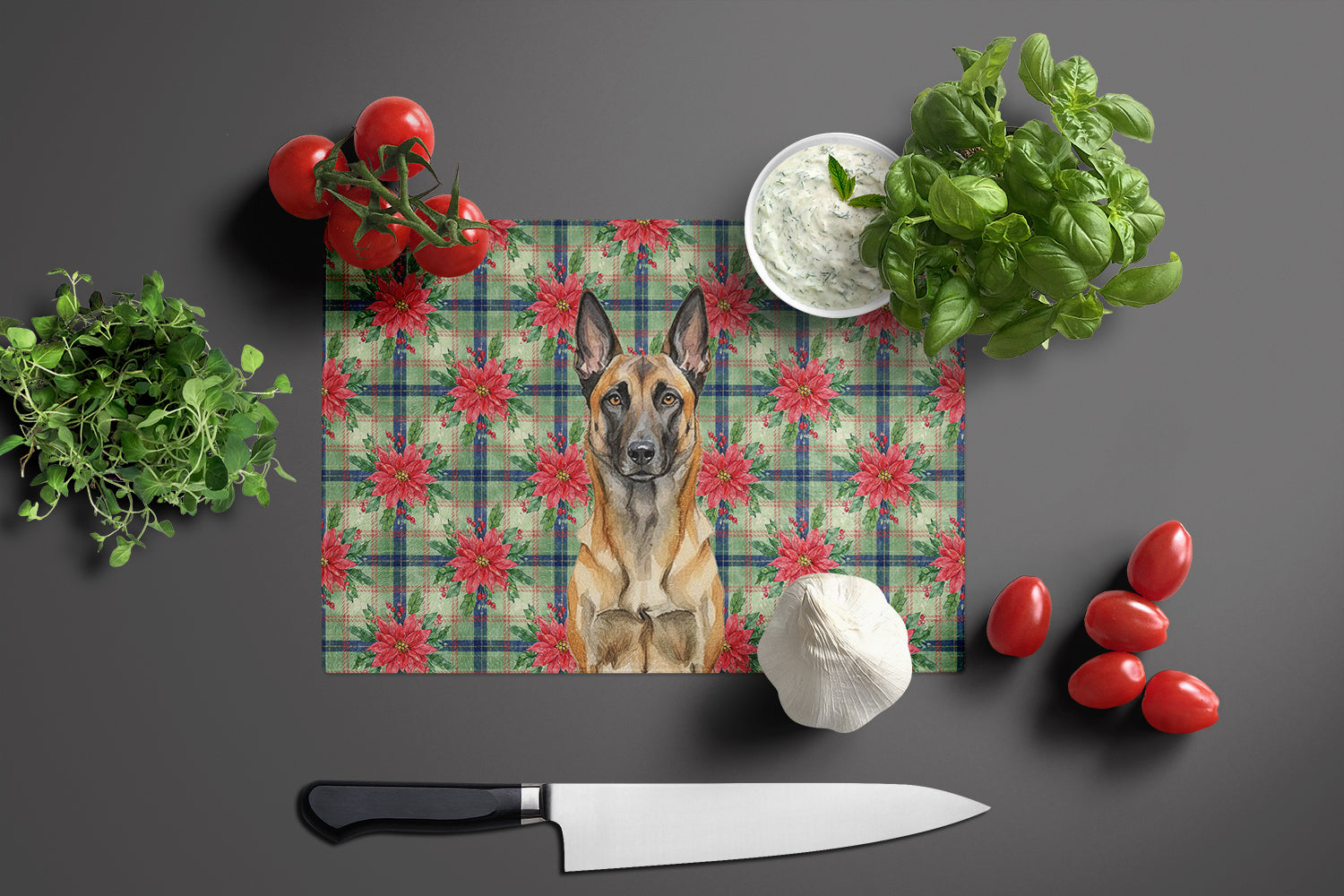 Belgian Malinois Christmas PoinsettIas Cutting Board Tempered Glass Kitchen Cutting Surface, Heat Resistant Chopping, Non-Slip Feet, Food Prep & Serving