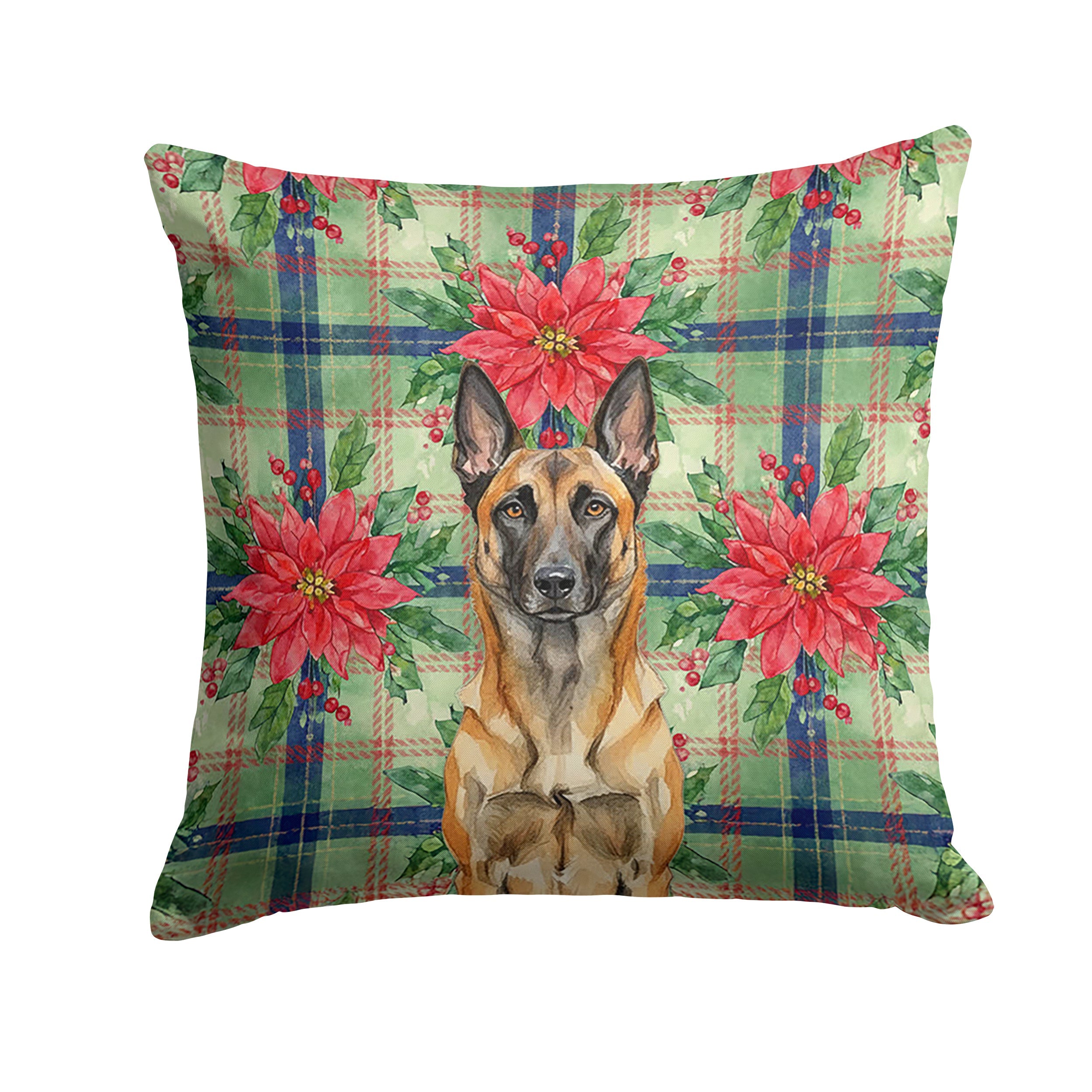 Belgian Malinois Christmas PoinsettIas Decorative Throw Pillow 14x14 Indoor Outdoor Accent Cushion, Fabric Cover with Insert for Sofa, Bed, Porch & Living Room