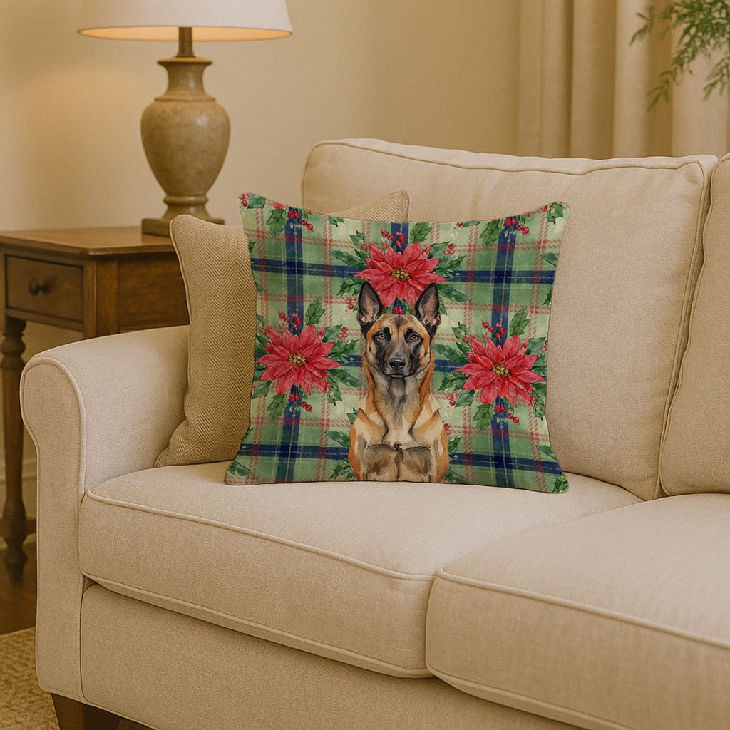 Belgian Malinois Christmas PoinsettIas Decorative Throw Pillow 14x14 Indoor Outdoor Accent Cushion, Fabric Cover with Insert for Sofa, Bed, Porch & Living Room