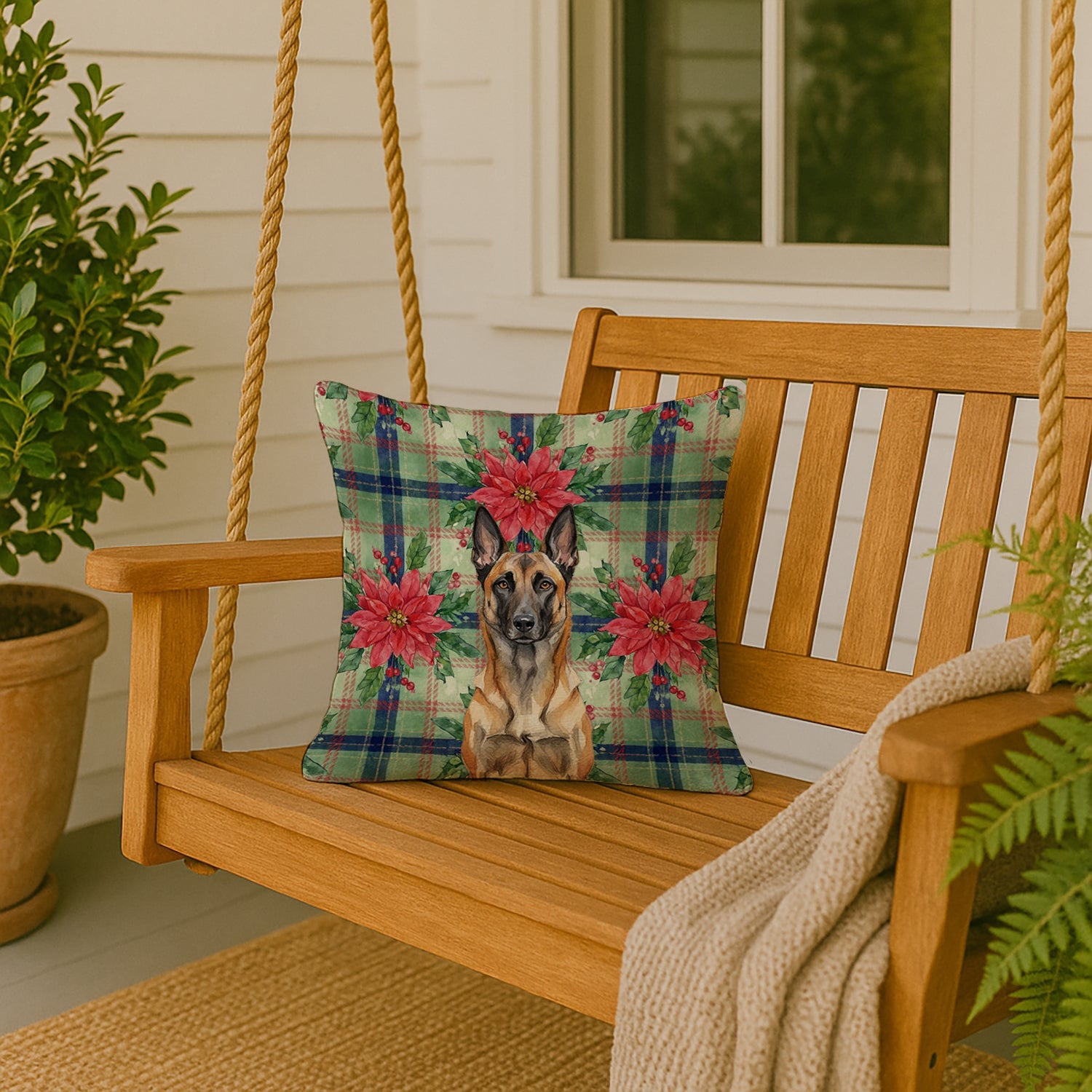 Belgian Malinois Christmas PoinsettIas Decorative Throw Pillow 18x18 Indoor Outdoor Accent Cushion, Fabric Cover with Insert for Sofa, Bed, Porch & Living Room