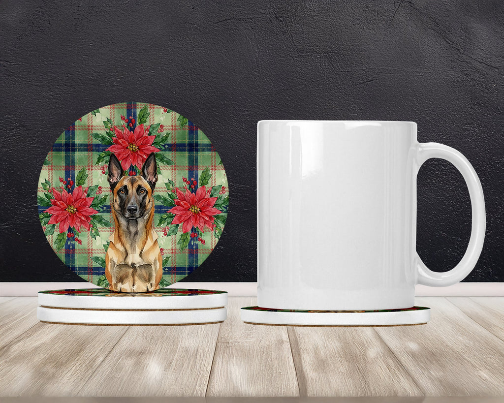 Belgian Malinois Christmas PoinsettIas Large Sandstone Coasters Pack of 4 Absorbent Round Coasters Decor Gifts for Men or Women, 4 in, Multicolor