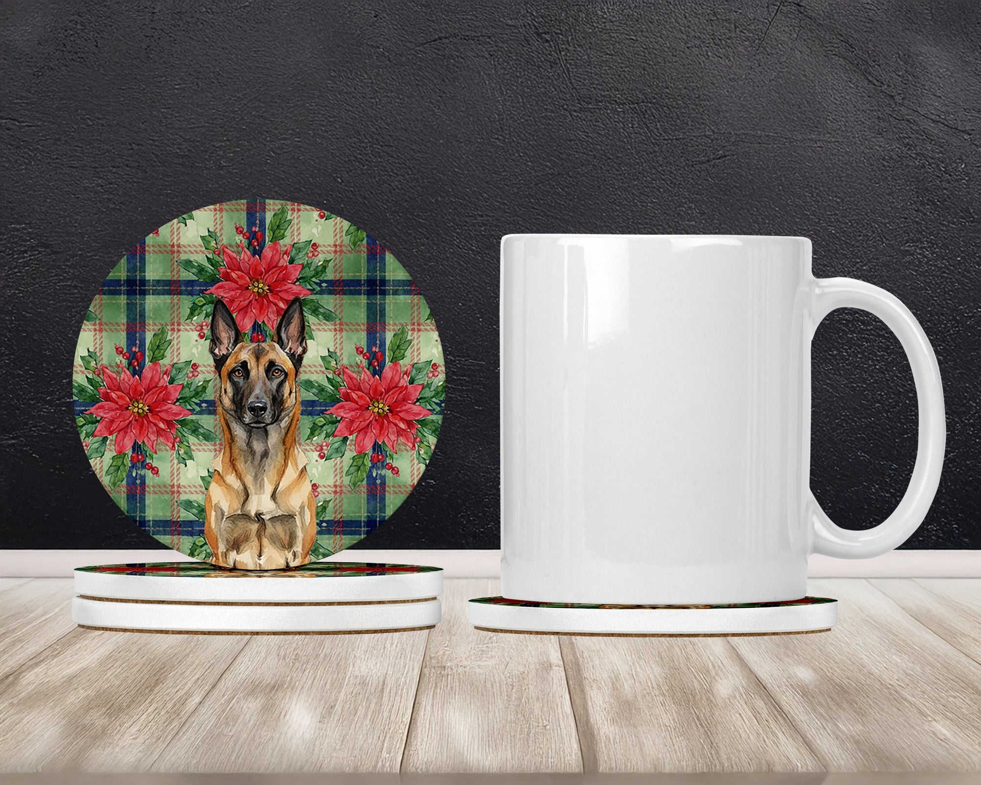 Belgian Malinois Christmas PoinsettIas Large Sandstone Coasters Pack of 4 Absorbent Round Coasters Decor Gifts for Men or Women, 4 in, Multicolor