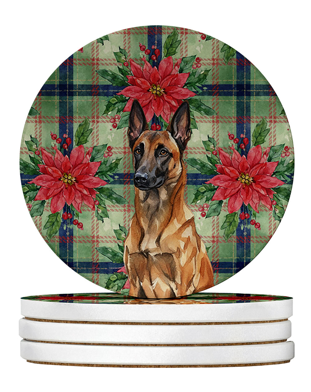 Mahogany Belgian Malinois Christmas PoinsettIas Large Sandstone Coasters Pack of 4 Absorbent Round Coasters Decor Gifts for Men or Women, 4 in, Multicolor