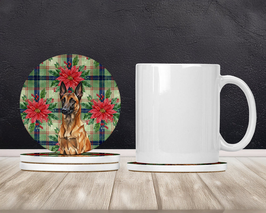 Mahogany Belgian Malinois Christmas PoinsettIas Large Sandstone Coasters Pack of 4 Absorbent Round Coasters Decor Gifts for Men or Women, 4 in, Multicolor