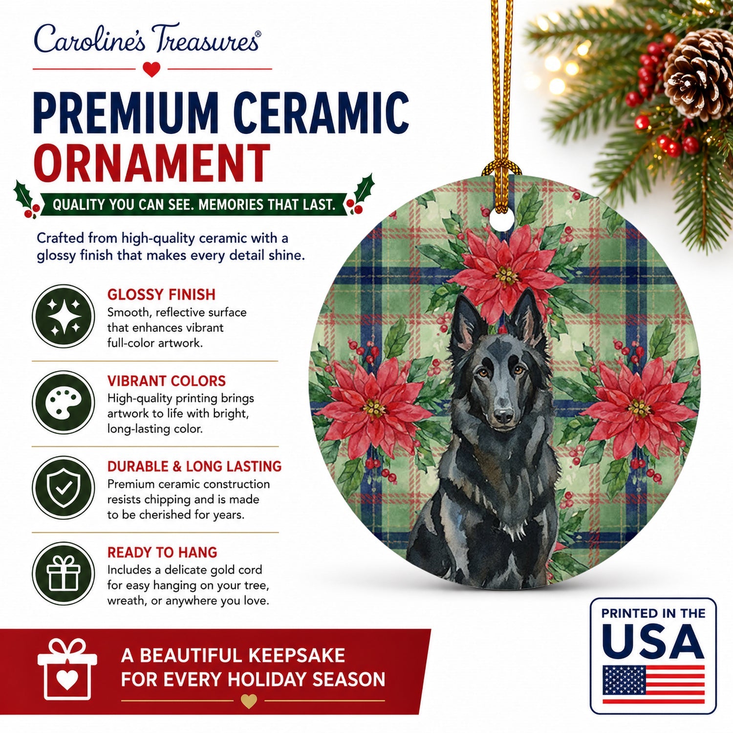 Belgian Sheepdog Groenendael Christmas PoinsettIas Ceramic Ornament Christmas Tree Hanging Decorations for Home Christmas Holiday, Party, Gift, 3 in, Multicolor