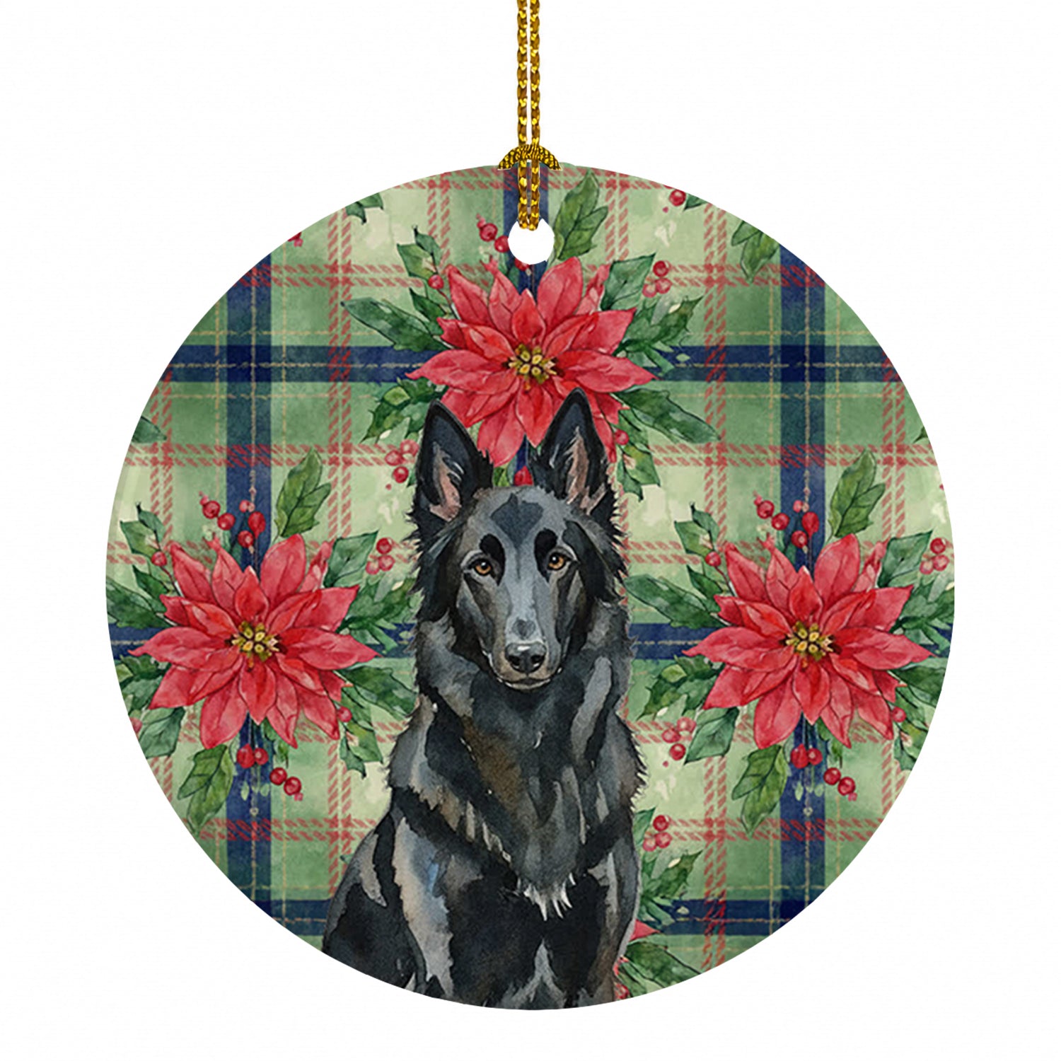 Belgian Sheepdog Groenendael Christmas PoinsettIas Ceramic Ornament Christmas Tree Hanging Decorations for Home Christmas Holiday, Party, Gift, 3 in, Multicolor