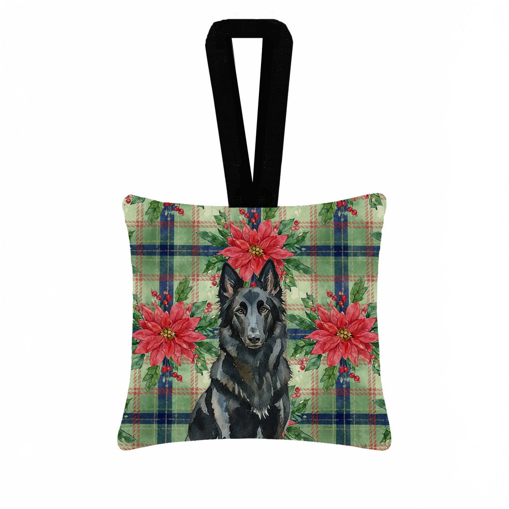 Belgian Sheepdog Groenendael Christmas PoinsettIas Hanging Square Fabric Ornament 3.5 � 3.5 Decorative Door-Knob & Tree Hanger, Soft Fabric