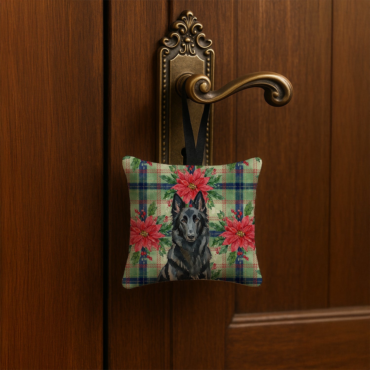 Belgian Sheepdog Groenendael Christmas PoinsettIas Hanging Square Fabric Ornament 3.5 � 3.5 Decorative Door-Knob & Tree Hanger, Soft Fabric