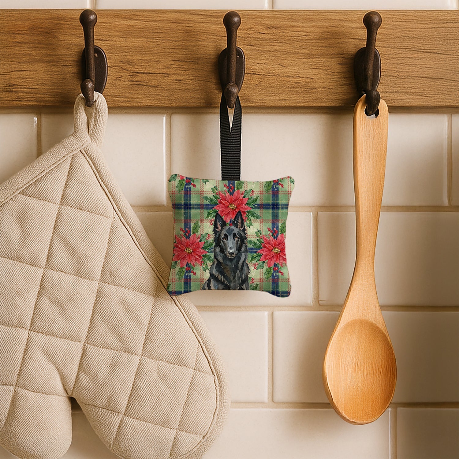 Belgian Sheepdog Groenendael Christmas PoinsettIas Hanging Square Fabric Ornament 3.5 � 3.5 Decorative Door-Knob & Tree Hanger, Soft Fabric